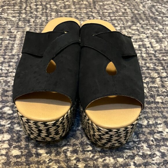 Lucky Brand Women's Sz 10 Genzy Black Leather Slip-On Espadrille Wedge Sandal - Picture 2 of 6